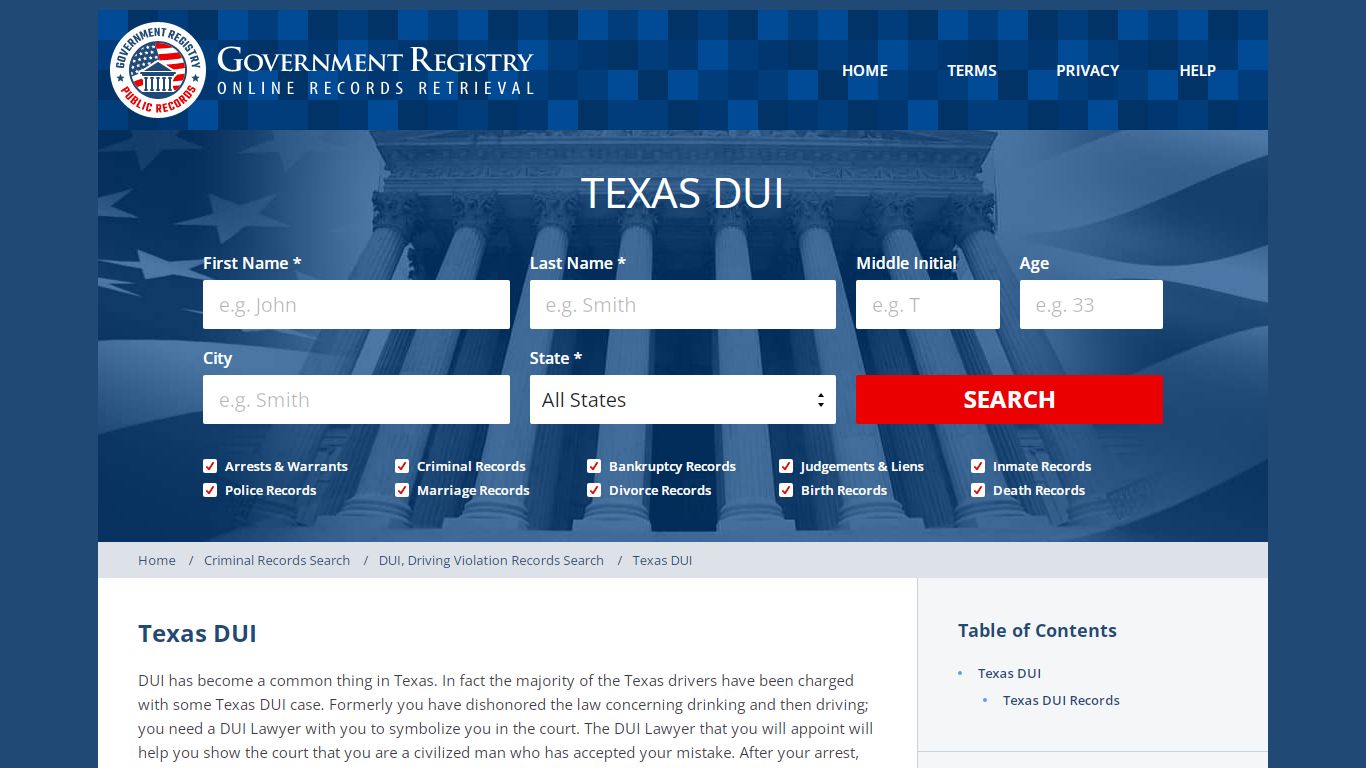 Texas DUI | Texas DUI Records | GovernmentRegistry.org